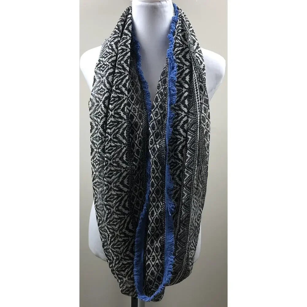 American Eagle Infinity Scarf B/W Sheer Blue Crochet Trim Boho Aztec 100% Cotton